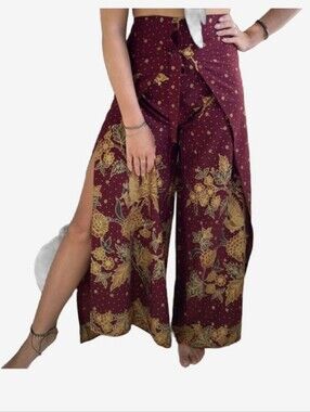 Women’s Wide-Leg Floral Wrap Pants - Burgundy